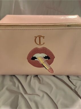 Charlotte Tilbury Pink Lip Embroidery Cosmetic Bag with Gold Logo